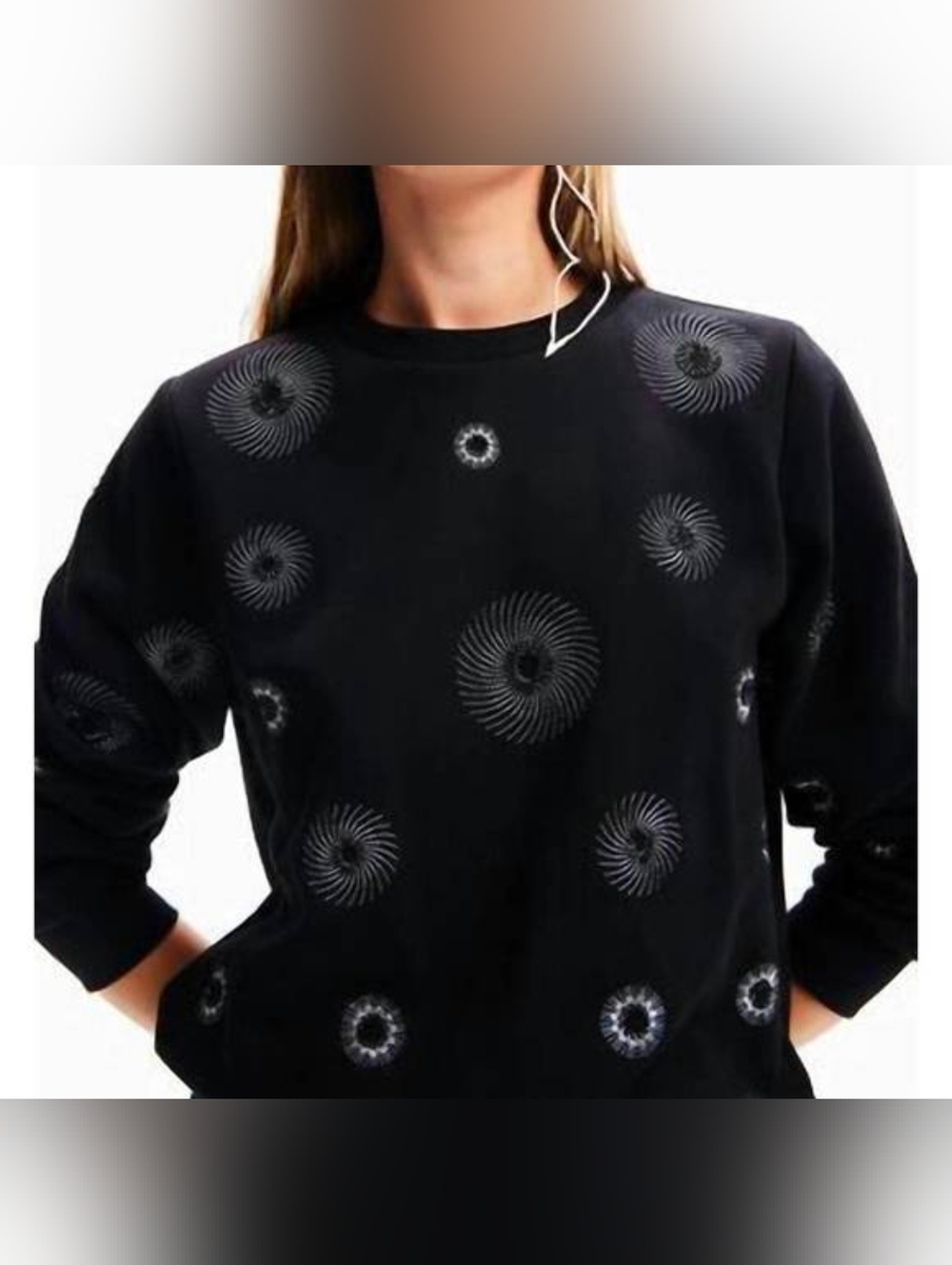DESIGUAL geometric embroidered sweatshirt in black w/silver stiching XXL